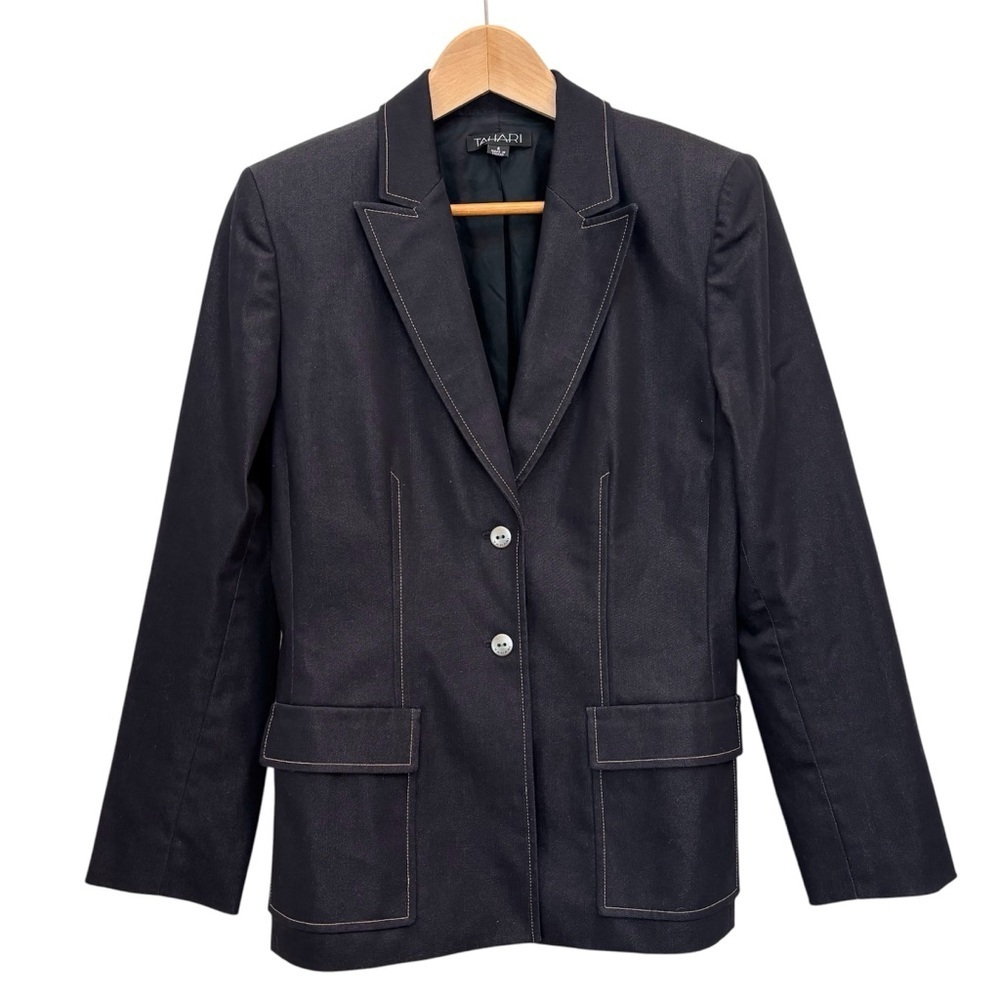 Tahari Stretch Denim Blazer Dark Wash Two Button Indigo Blue Academia Office 6